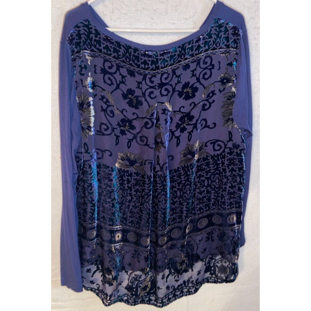 SOFT SURROUNDINGS NAVY BLUE FLORAL VELVET BURNOUT MILLA TOP Women's XL velour